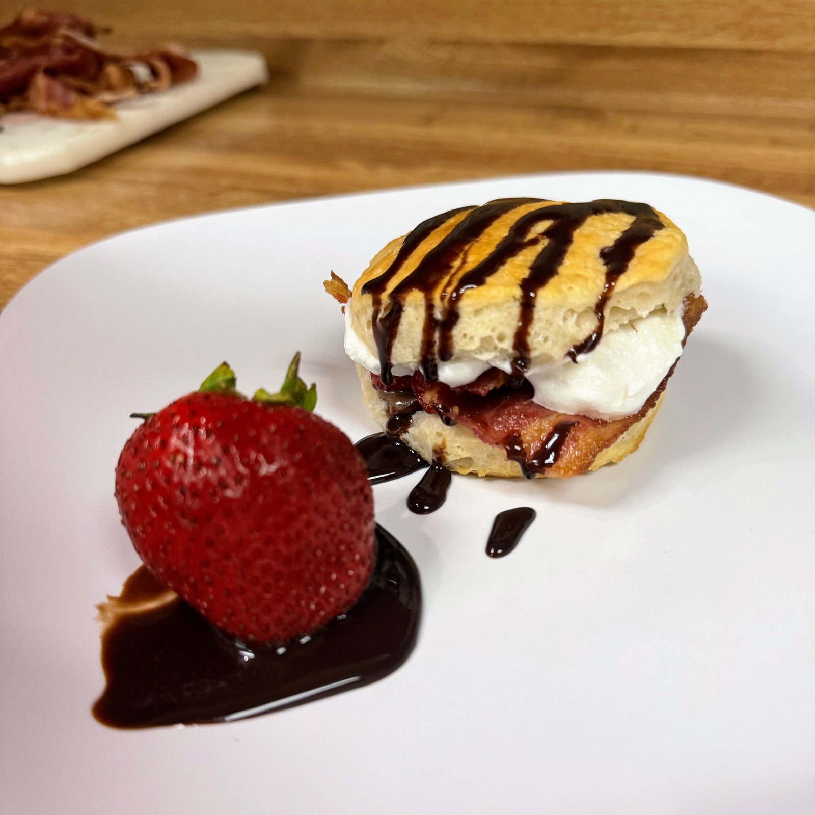 Bright Leaf Bacon, Strawberry and Chocolate Biscuit