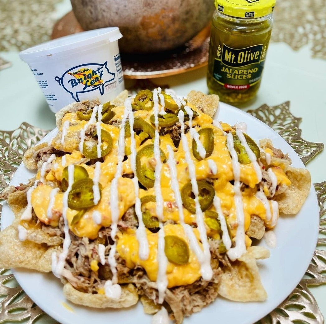 Bright Leaf BBQ Pimento Cheese Pork Skin Nachos