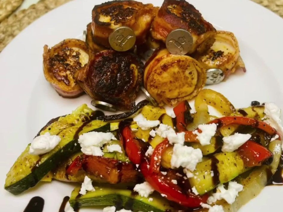 Seared Bacon Wrapped Scallops & Roasted Veggies w/ Goat Cheese