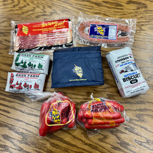 The North Carolina Iconic Brands Sampler (1-Hot Dog, 1-Red Hot, 1-Bacon, 1- Loop Smoked Sausage, 2-Bass Farm, 1-Biscuit or Pancake Mix)